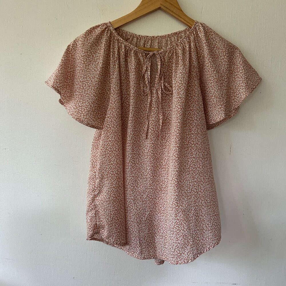 SHEIN Blouse Womens 6 Pink Cream Tie Neck Top Coquette Feminine Micro Floral Y2K